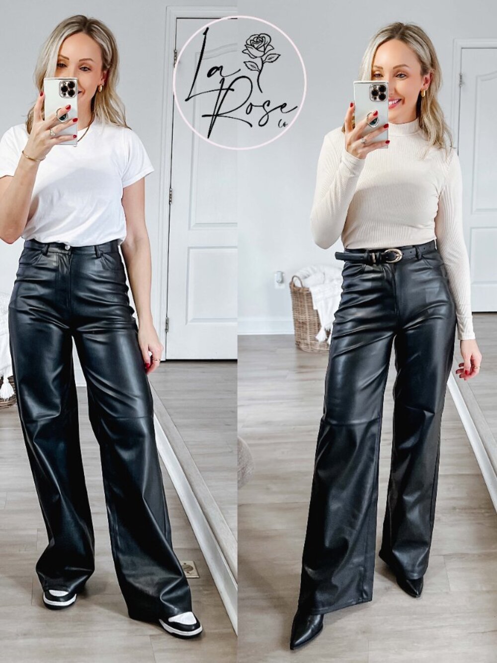 Darlene PU Wide Leg Black Pants | Women's Faux Leather Bottoms